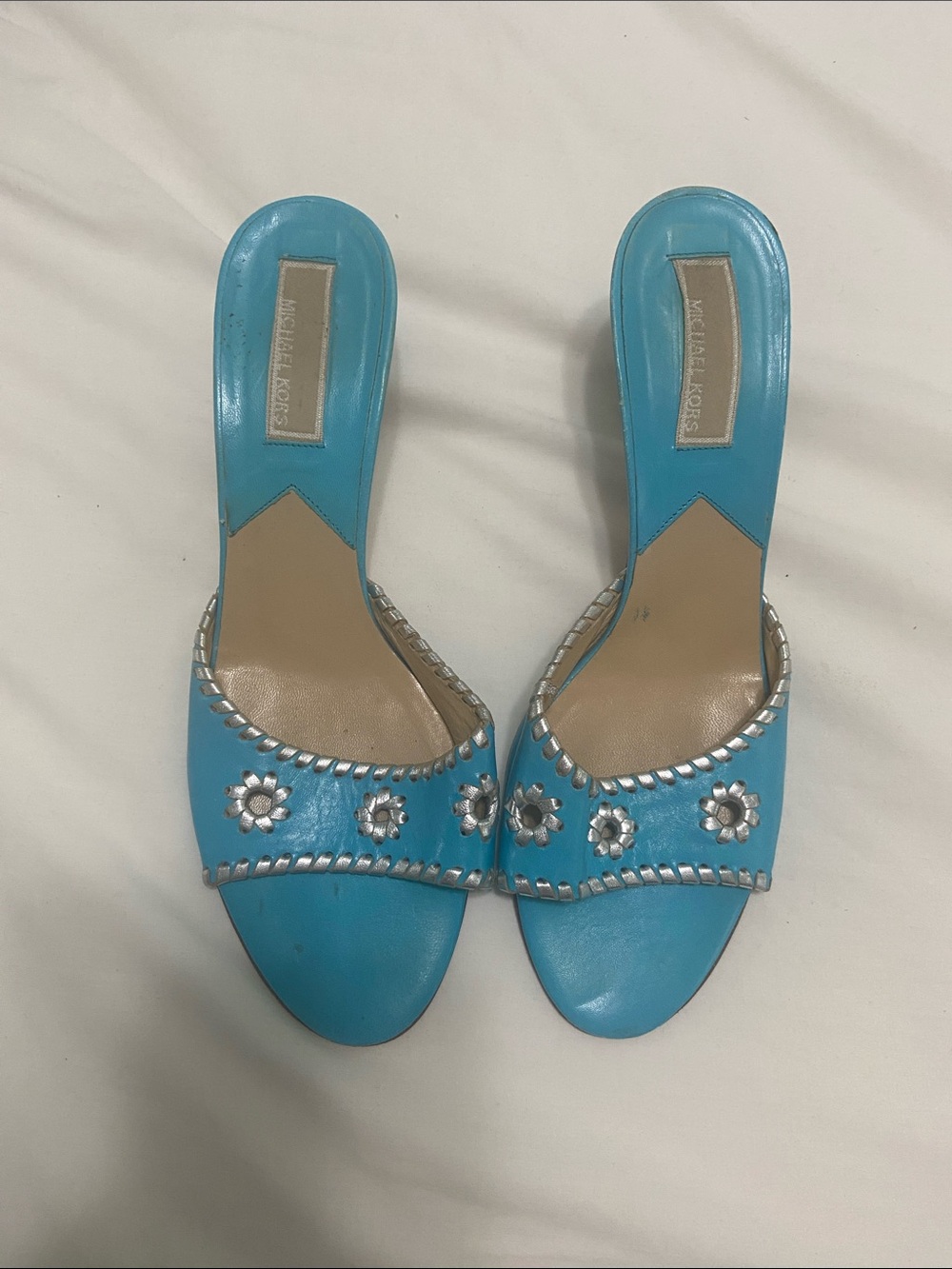 Michael Kors Turquoise Floral-Embellished Slide Mules